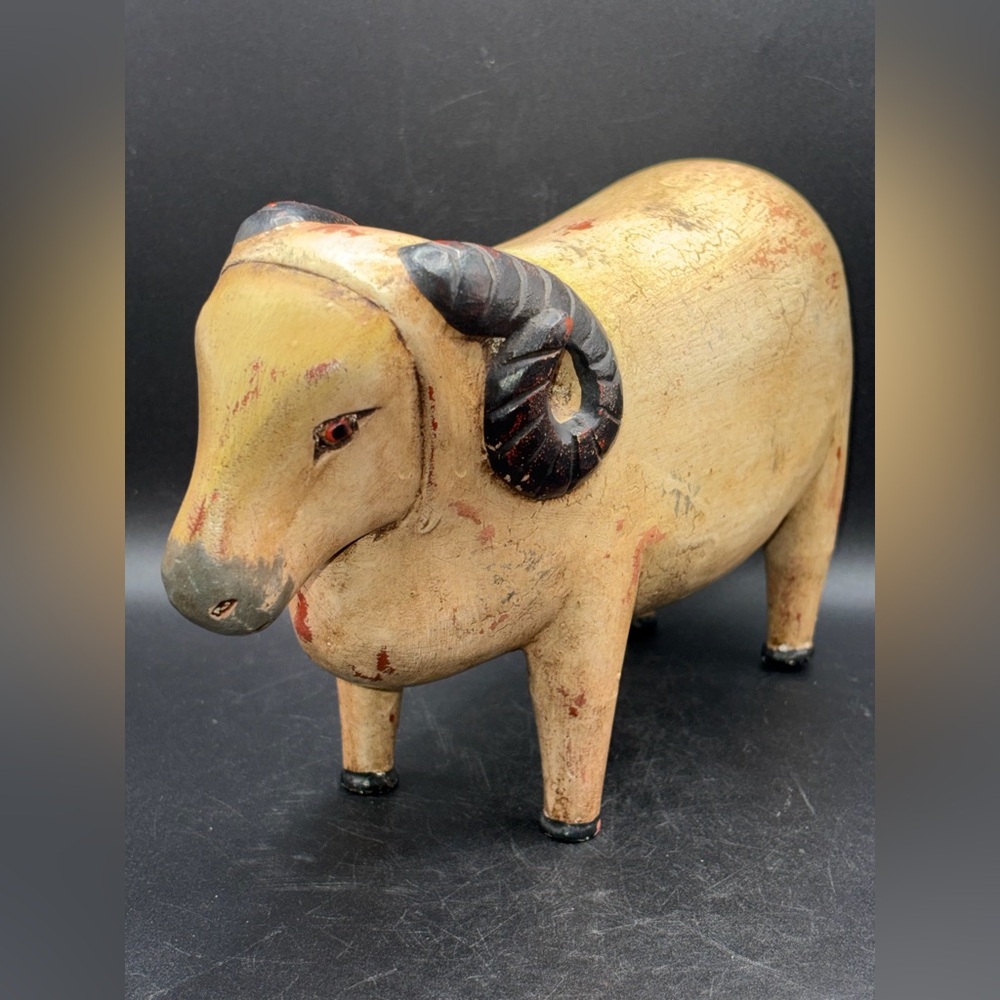 Vintage Hand Painted Carved Wood Sheep Ram Figure Sculpture Folk Art Collectible